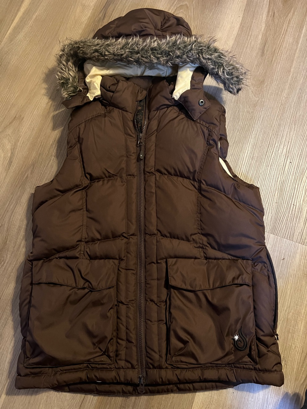 Isis Brown Quilted Puffer Vest with Faux Fur Hood